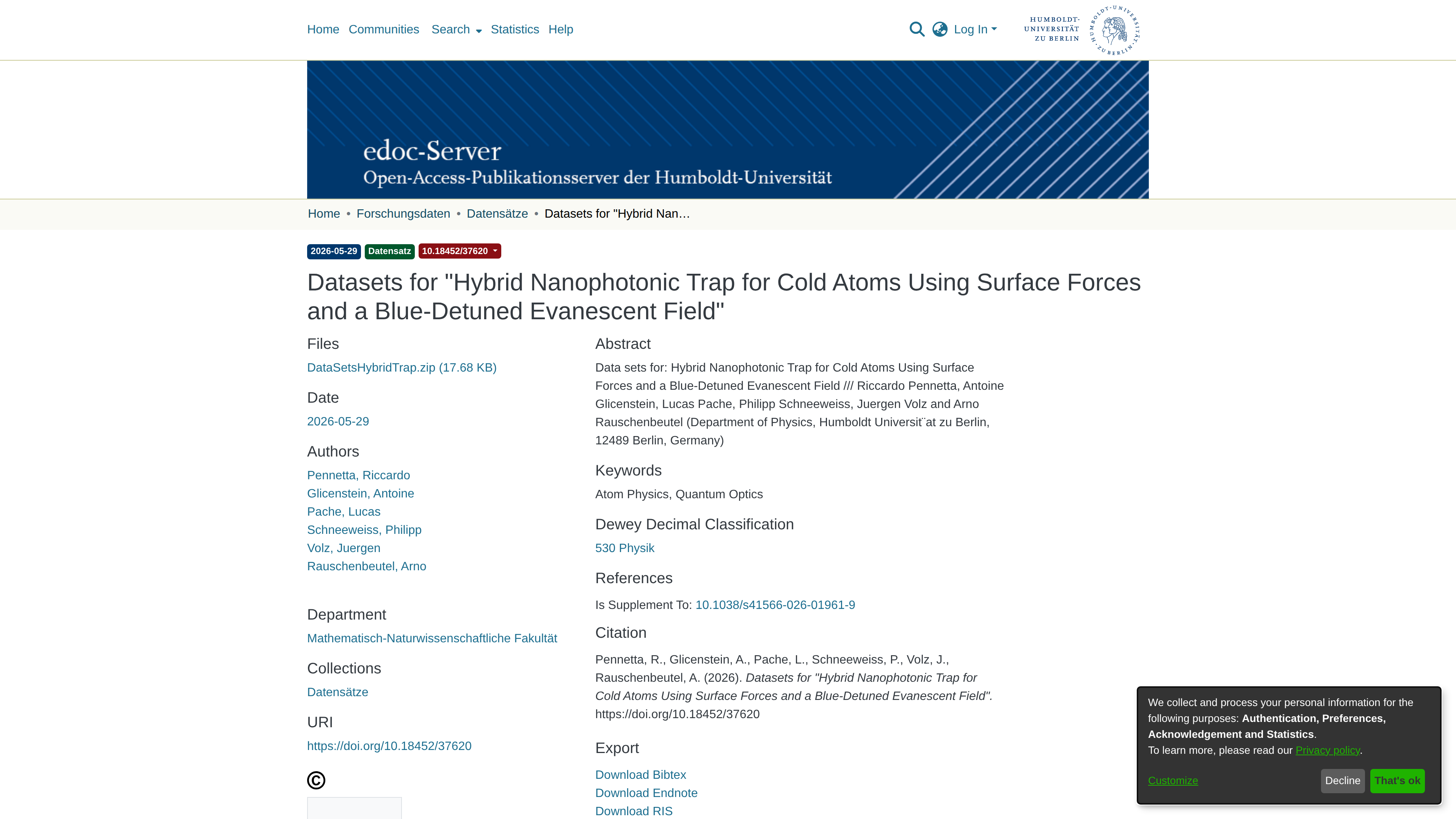 Datasets for "Hybrid Nanophotonic Trap for Cold Atoms Using Surface Forces and a Blue-Detuned Evanescent Field"