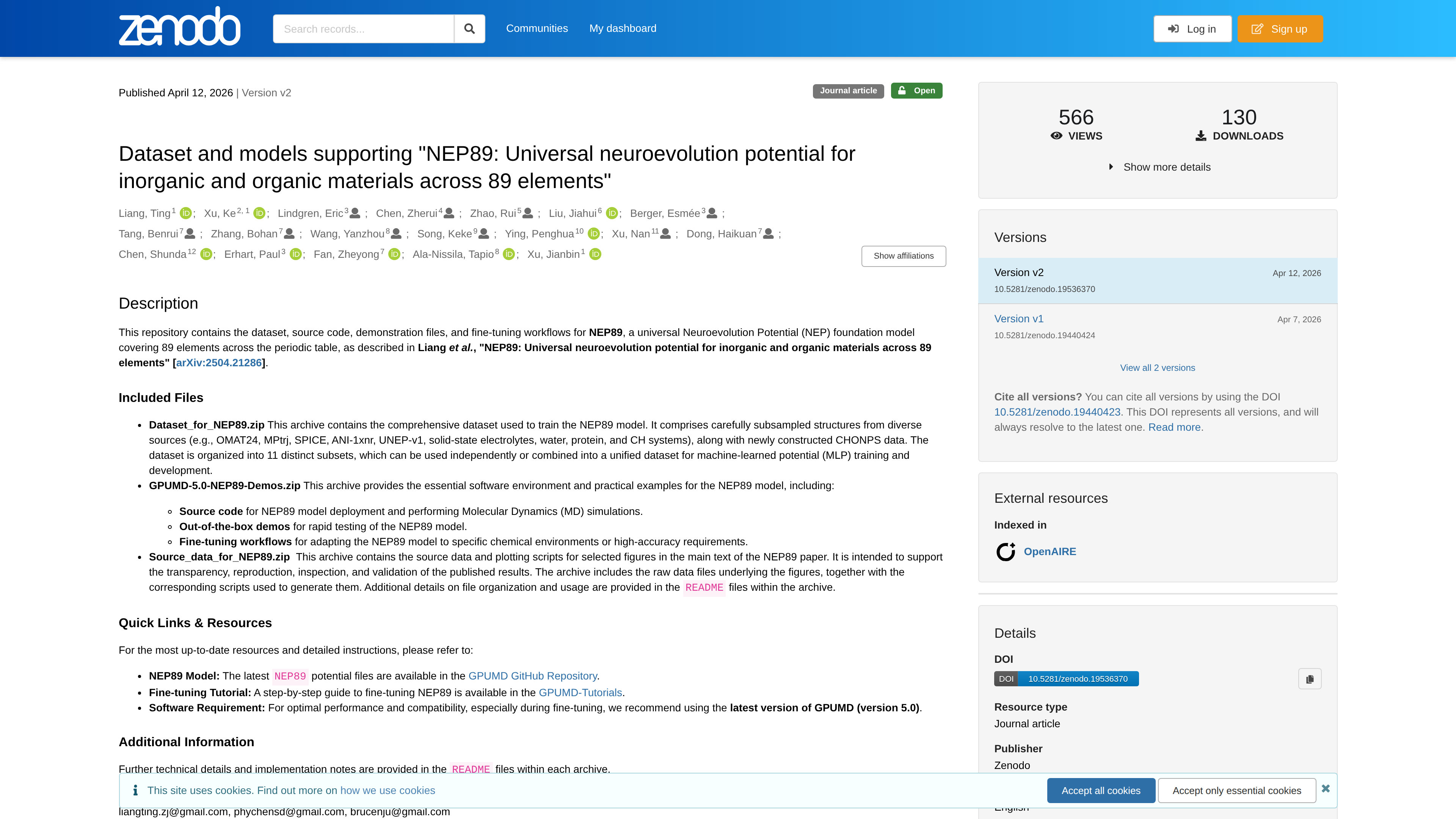 Dataset and models supporting "NEP89: Universal neuroevolution potential for inorganic and organic materials across 89 elements"