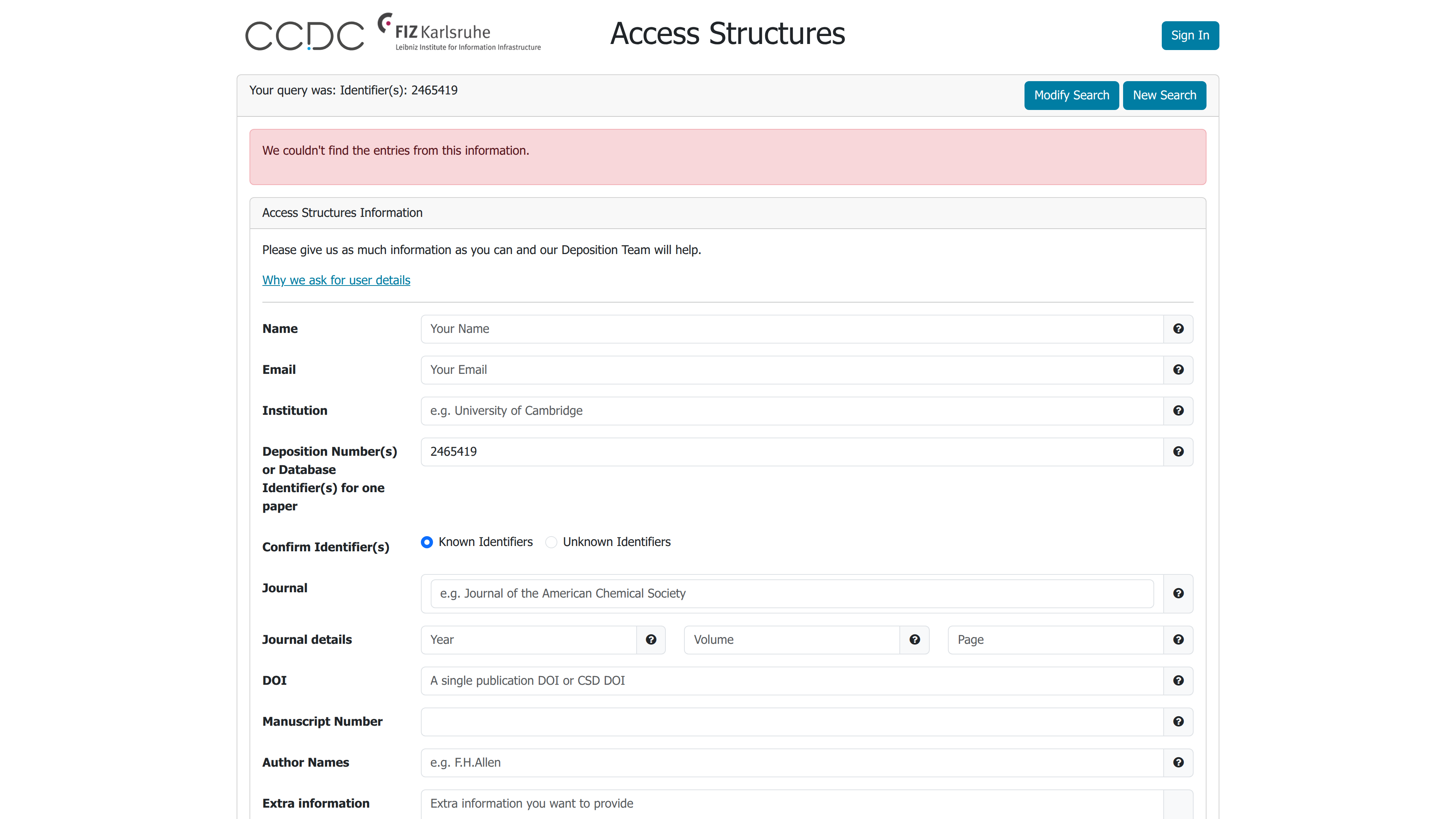 CCDC structure entry query for identifier 2465419