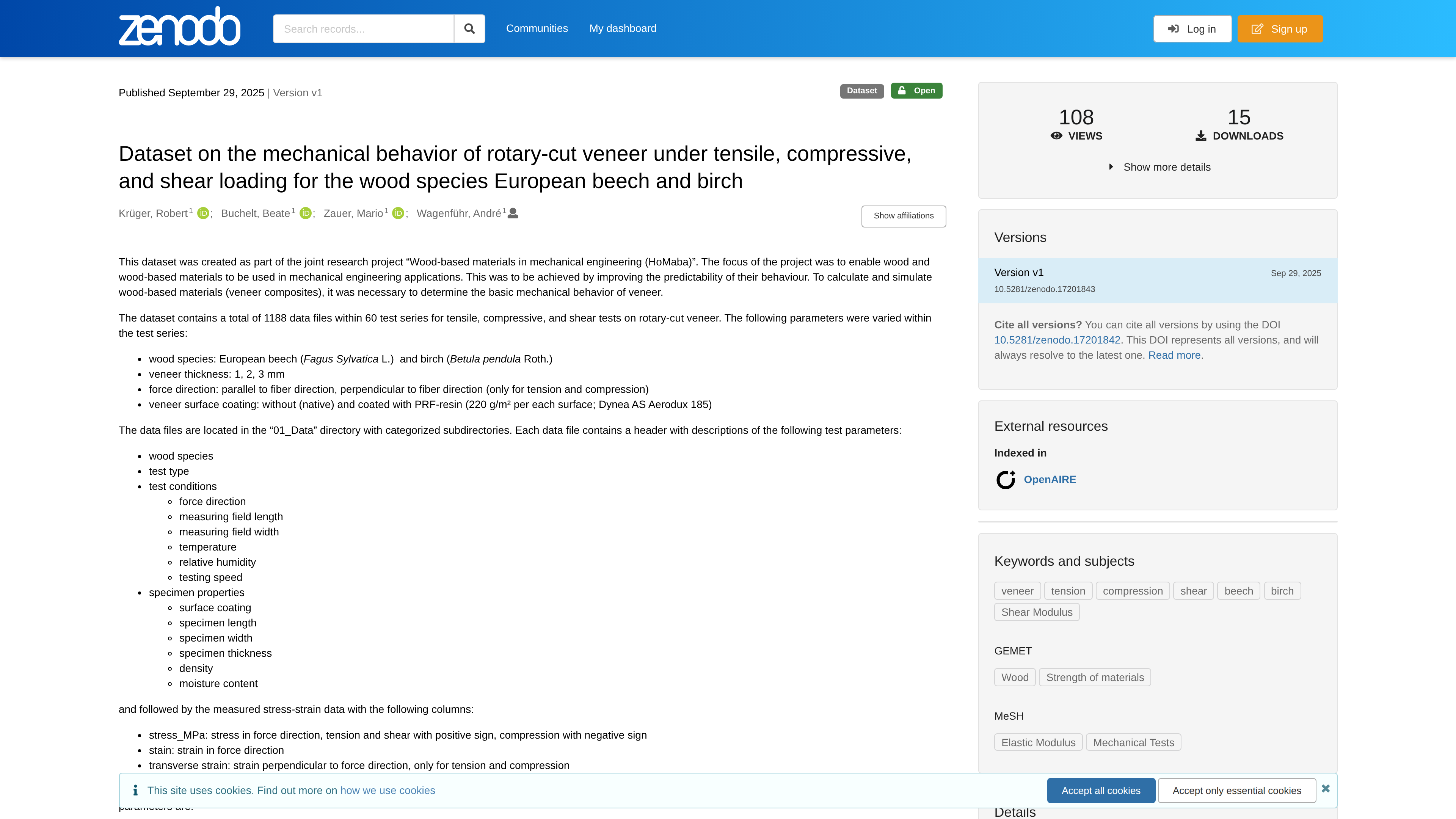 Dataset on the mechanical behavior of rotary-cut veneer under tensile, compressive, and shear loading for the wood species European beech and birch
